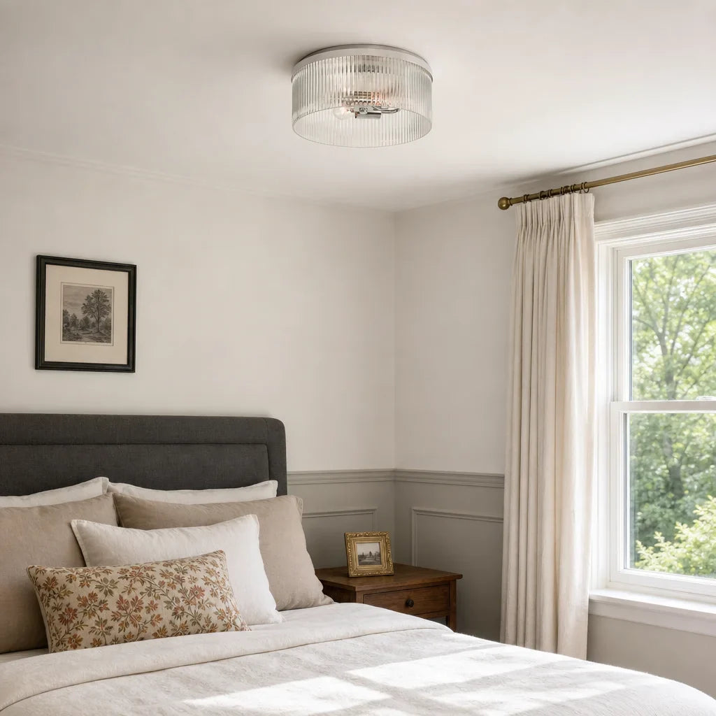 Rustic Farmhouse Ribbed Glass Flush Mount Ceiling Light, 14 in