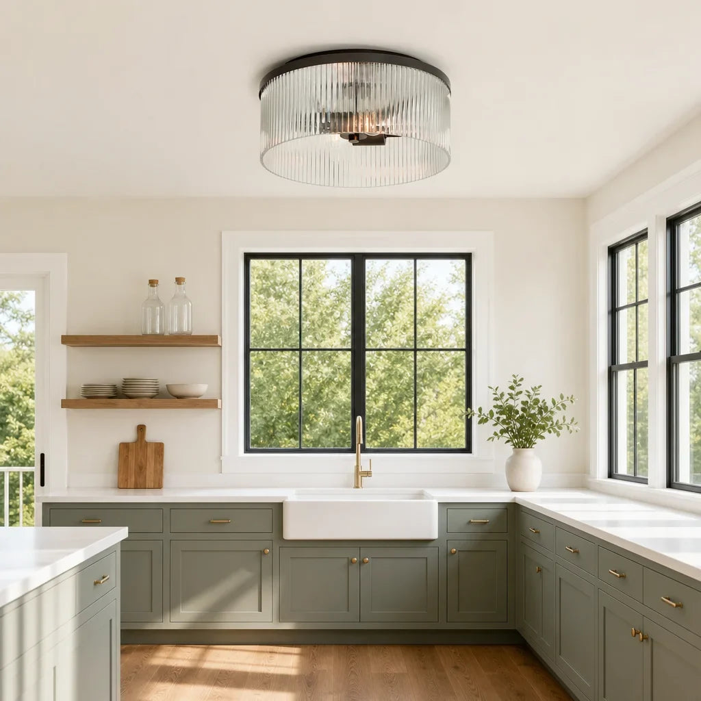 Rustic Farmhouse Ribbed Glass Flush Mount Ceiling Light, 14 in