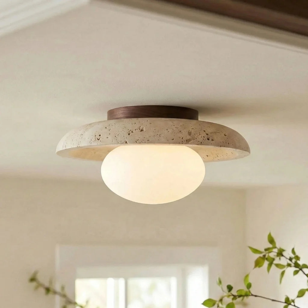 Modern Travertine and Glass Round Dome Ceiling Light, Wood Base