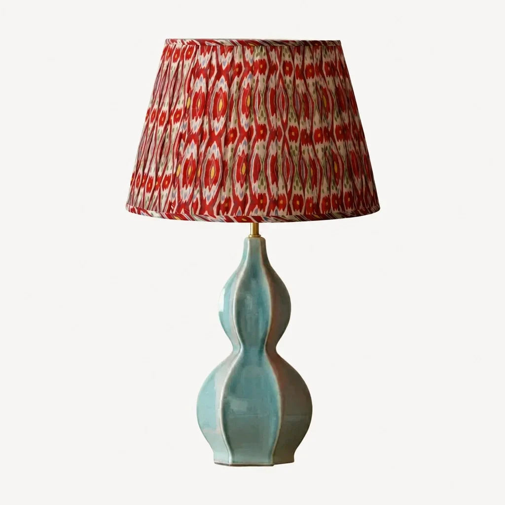 Vintage Ceramic Gourd Base Table Lamp, Celadon Finish, Fabric Shade