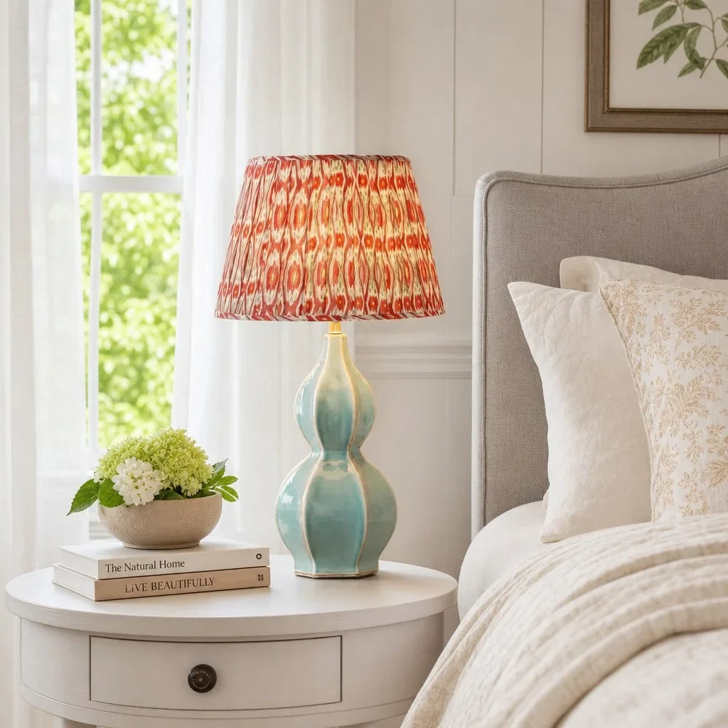 Vintage Ceramic Gourd Base Table Lamp, Celadon Finish, Fabric Shade