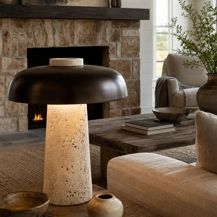 Wabi-Sabi Travertine Mushroom Table Lamp, Yellow Travertine and Metal