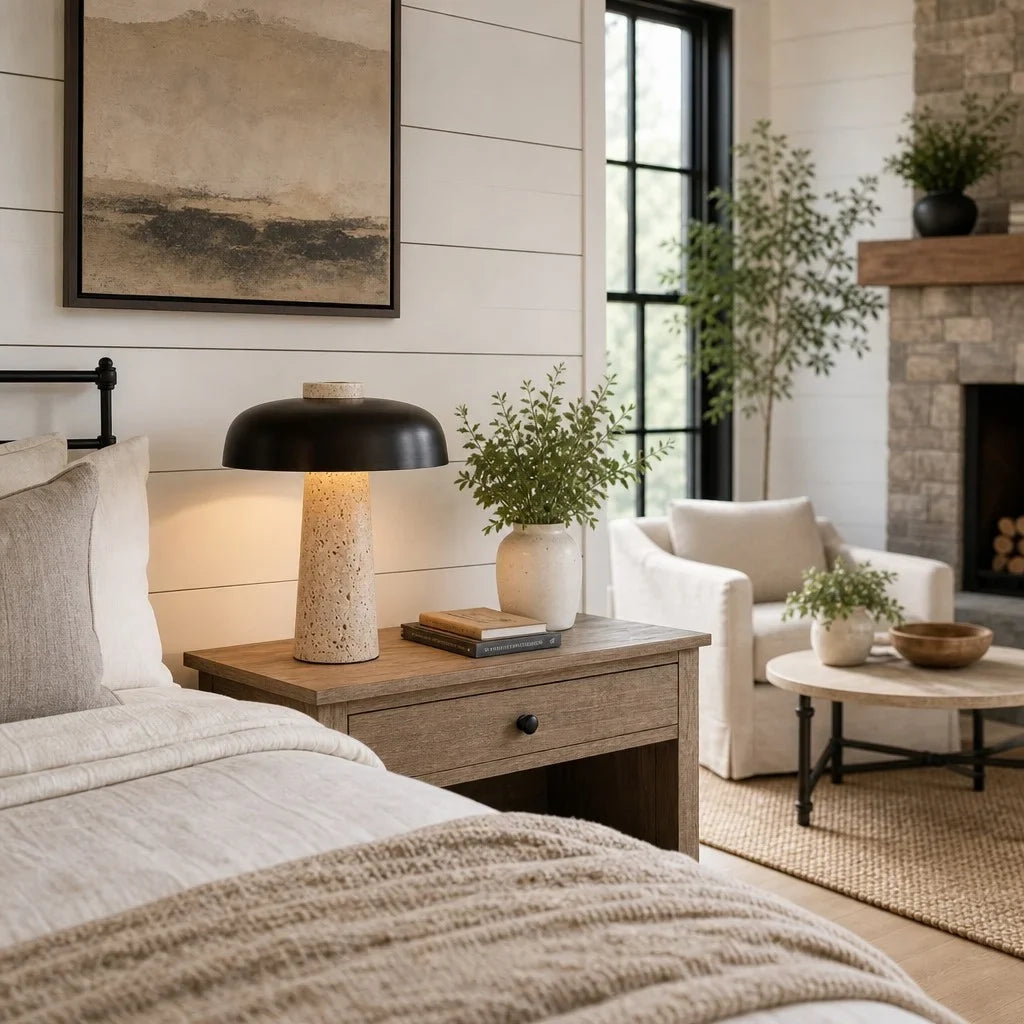 Wabi-Sabi Travertine Mushroom Table Lamp, Yellow Travertine and Metal