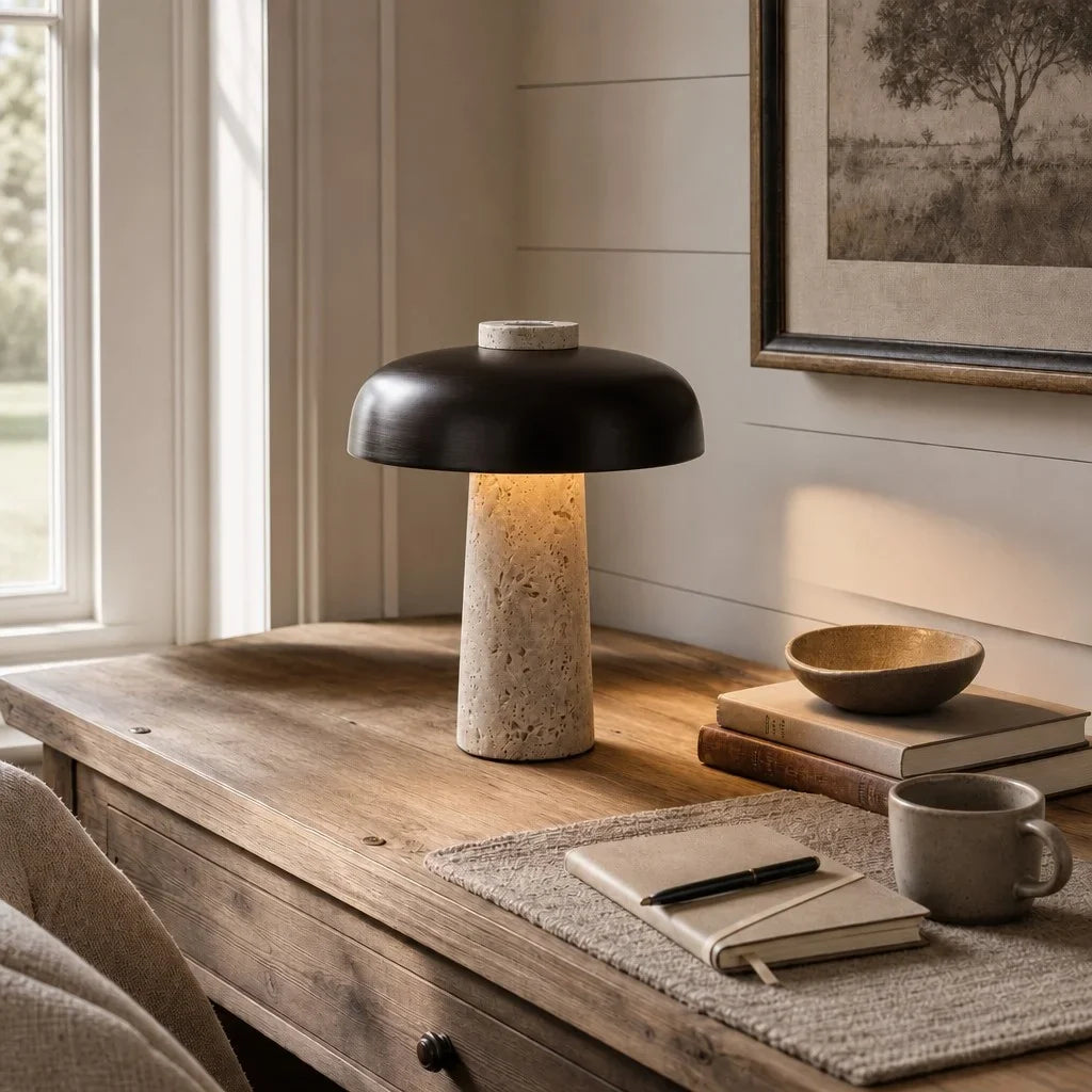 Wabi-Sabi Travertine Mushroom Table Lamp, Yellow Travertine and Metal