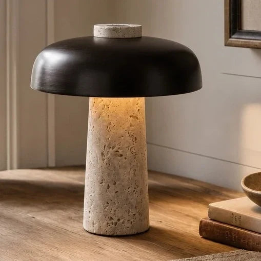 Wabi-Sabi Travertine Mushroom Table Lamp, Yellow Travertine and Metal