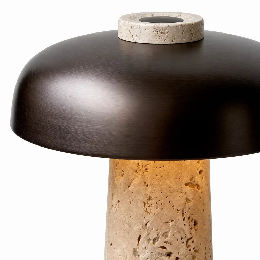 Wabi-Sabi Travertine Mushroom Table Lamp, Yellow Travertine and Metal