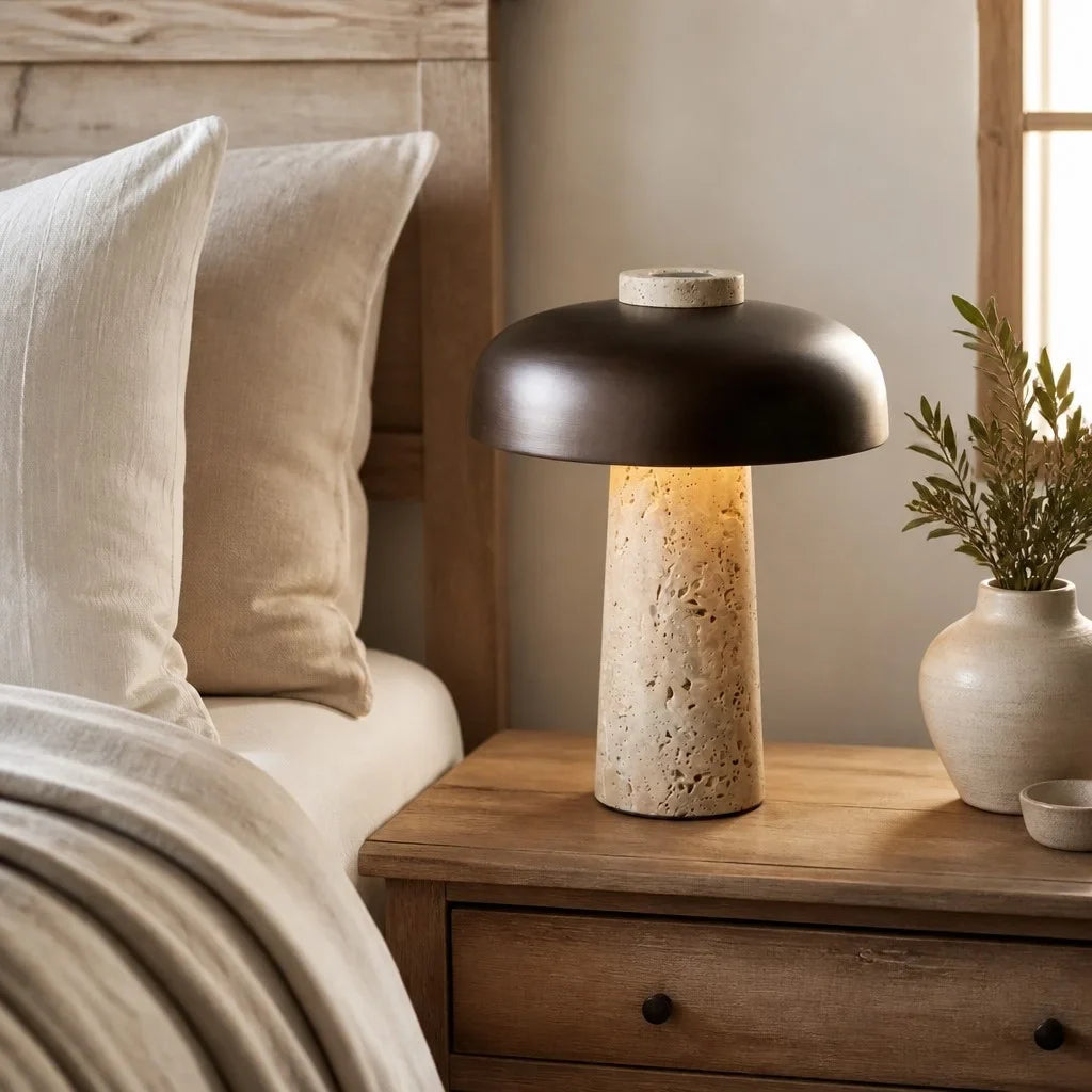 Wabi-Sabi Travertine Mushroom Table Lamp, Yellow Travertine and Metal