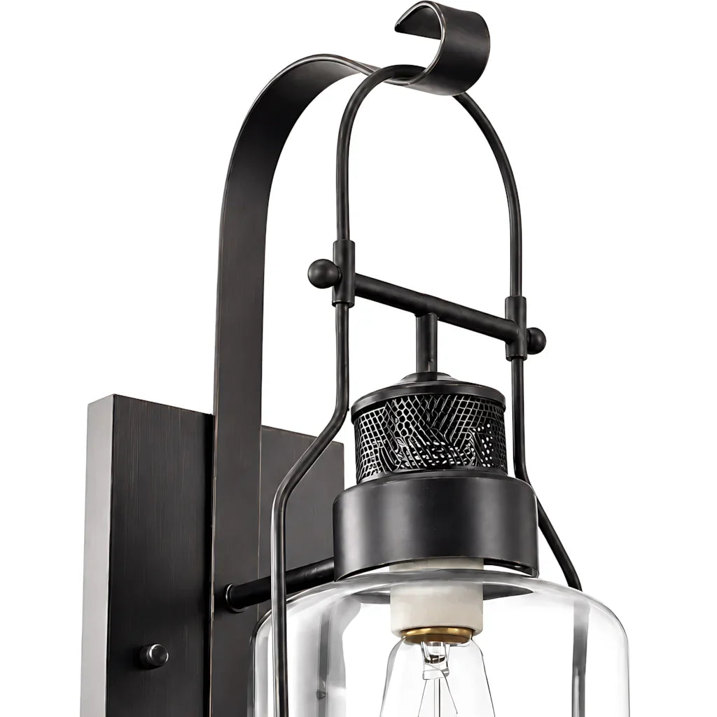 Industrial Metal and Glass Jar Wall Sconce, Black or Rust Finish