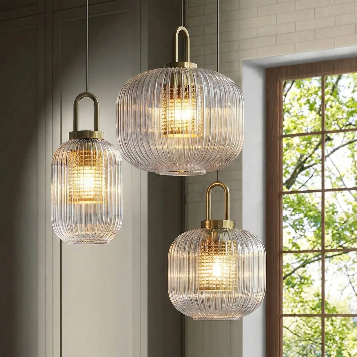 Modern Industrial Ribbed Glass Cylinder Pendant Light, Three Sizes