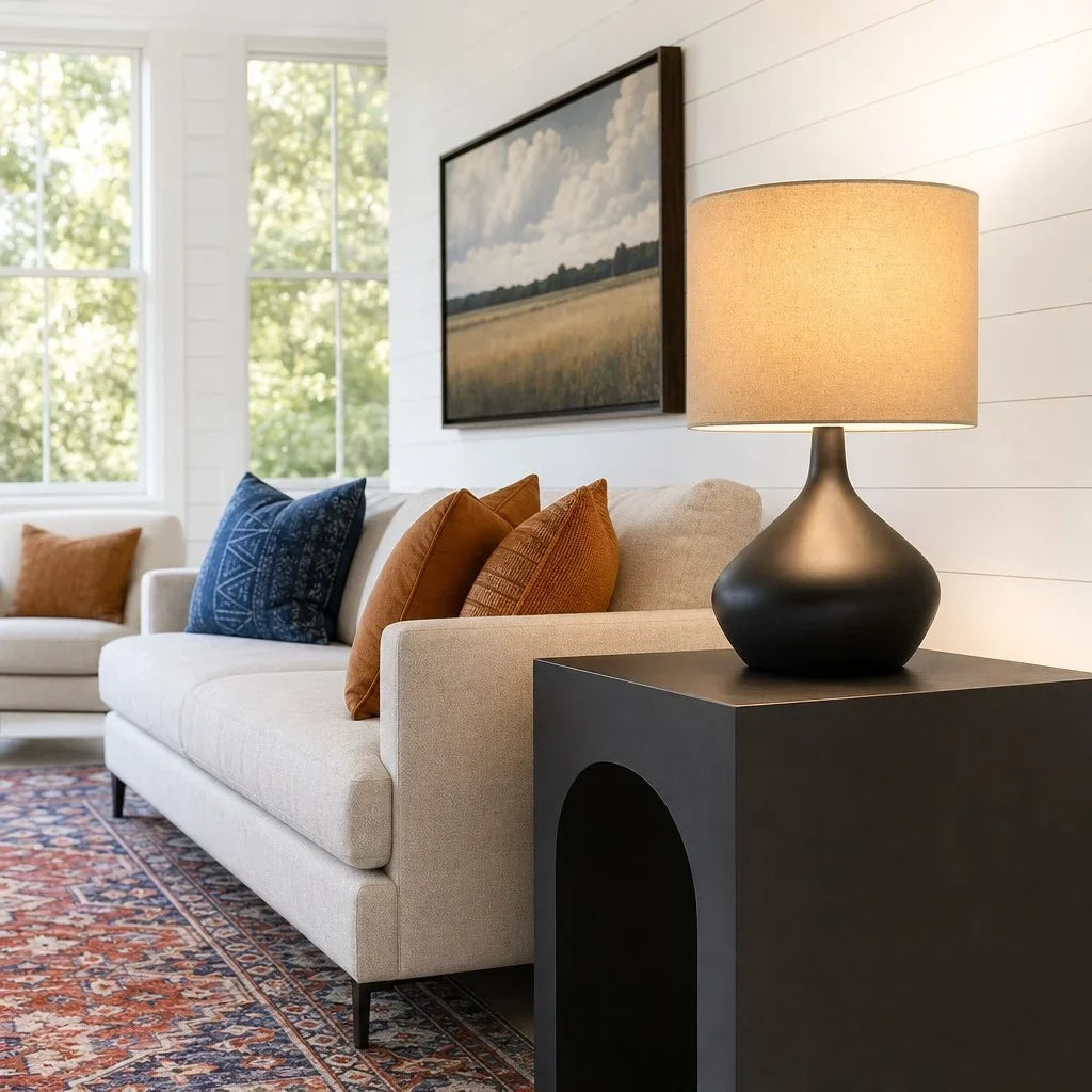 Ceramic Base Table Lamp with Fabric Shade, Dimmer Compatible