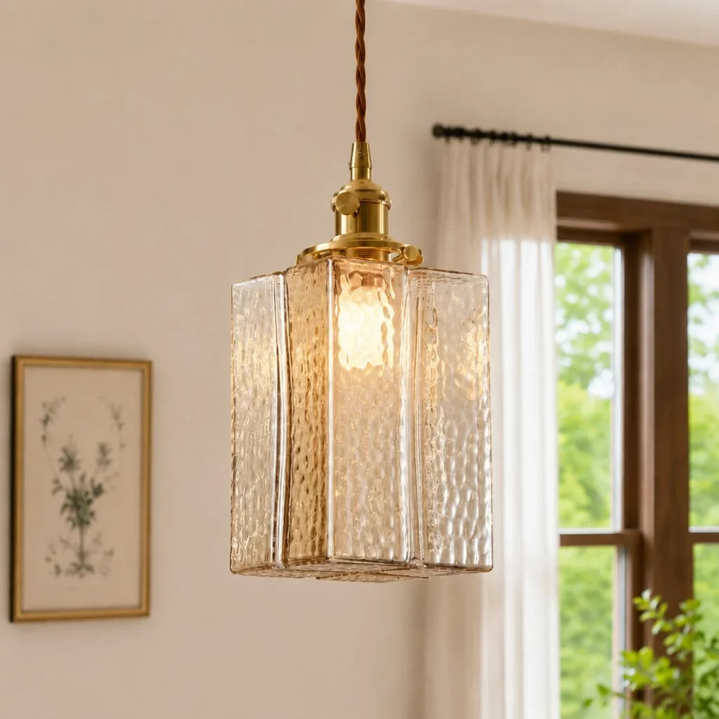 Modern Cube Hammered Glass Pendant Light, Clear Glass, Three Sizes