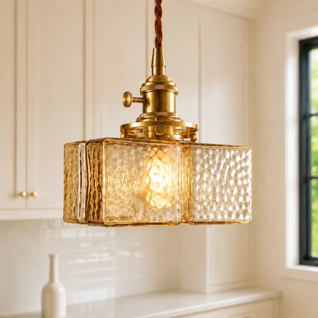 Modern Cube Hammered Glass Pendant Light, Clear Glass, Three Sizes
