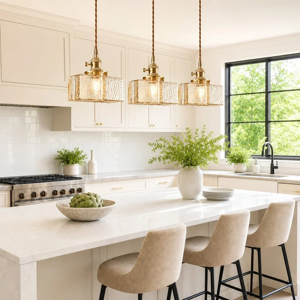 Modern Cube Hammered Glass Pendant Light, Clear Glass, Three Sizes