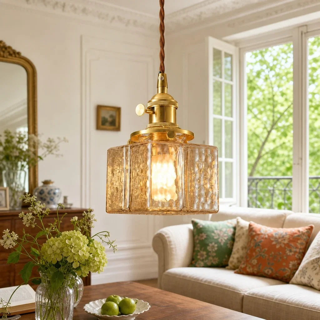 Modern Cube Hammered Glass Pendant Light, Clear Glass, Three Sizes