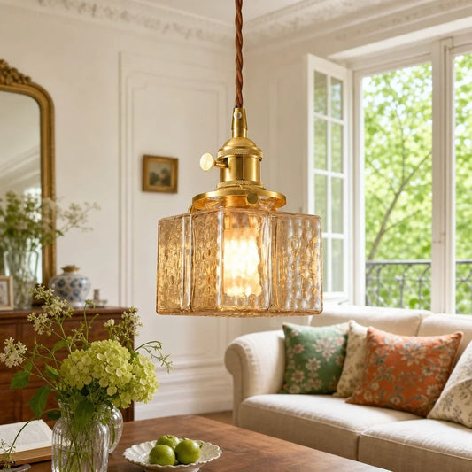 Modern Cube Hammered Glass Pendant Light, Clear Glass, Three Sizes
