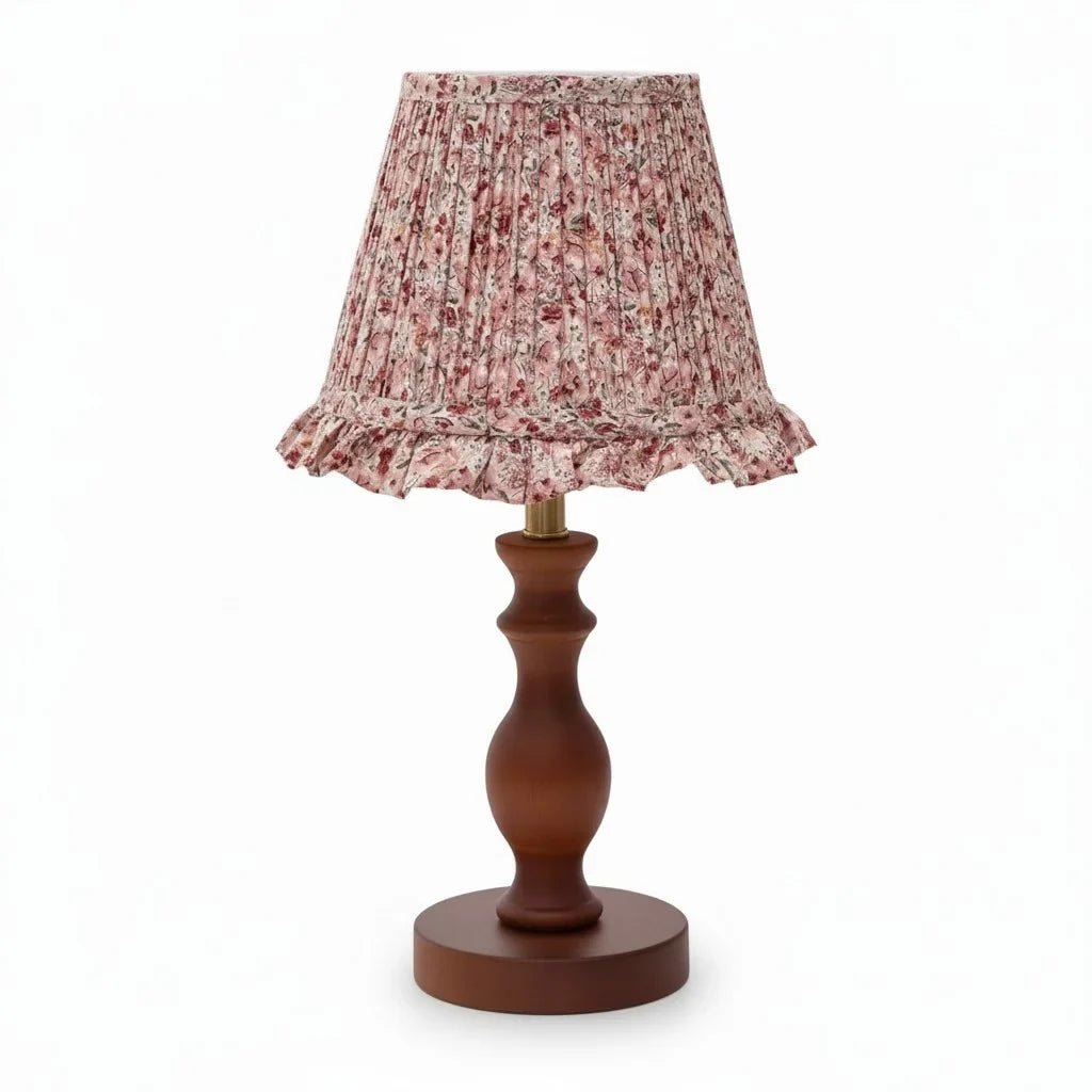 Vintage Pleated Floral Fabric Shade Table Lamp, Spindle Wood Base