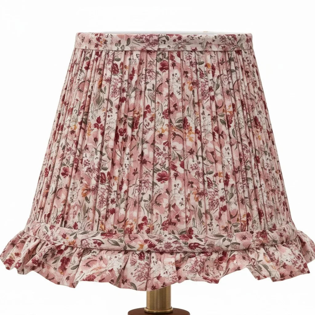 Vintage Pleated Floral Fabric Shade Table Lamp, Spindle Wood Base