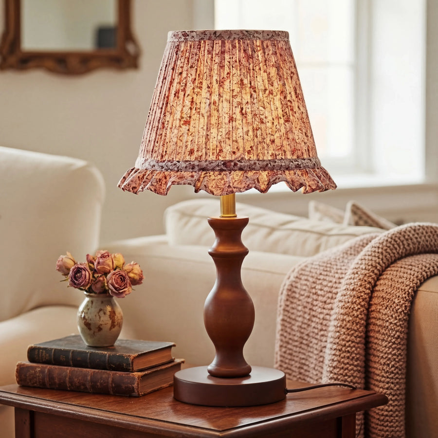 Vintage Pleated Floral Fabric Shade Table Lamp, Spindle Wood Base