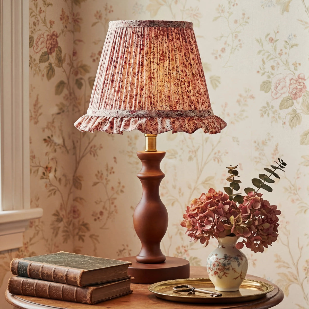 Vintage Pleated Floral Fabric Shade Table Lamp, Spindle Wood Base