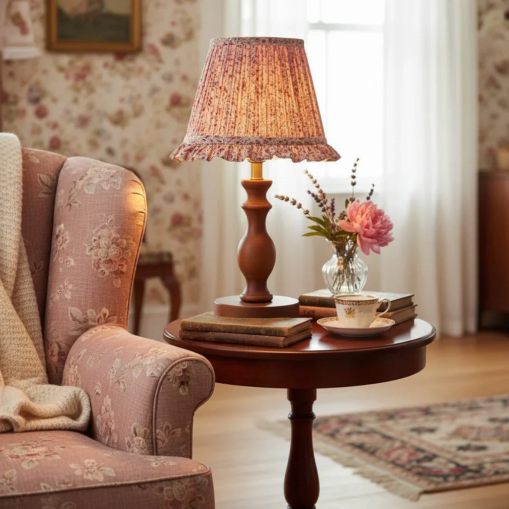 Vintage Pleated Floral Fabric Shade Table Lamp, Spindle Wood Base