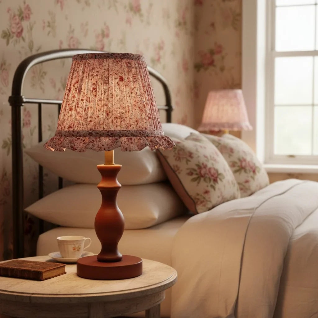 Vintage Pleated Floral Fabric Shade Table Lamp, Spindle Wood Base