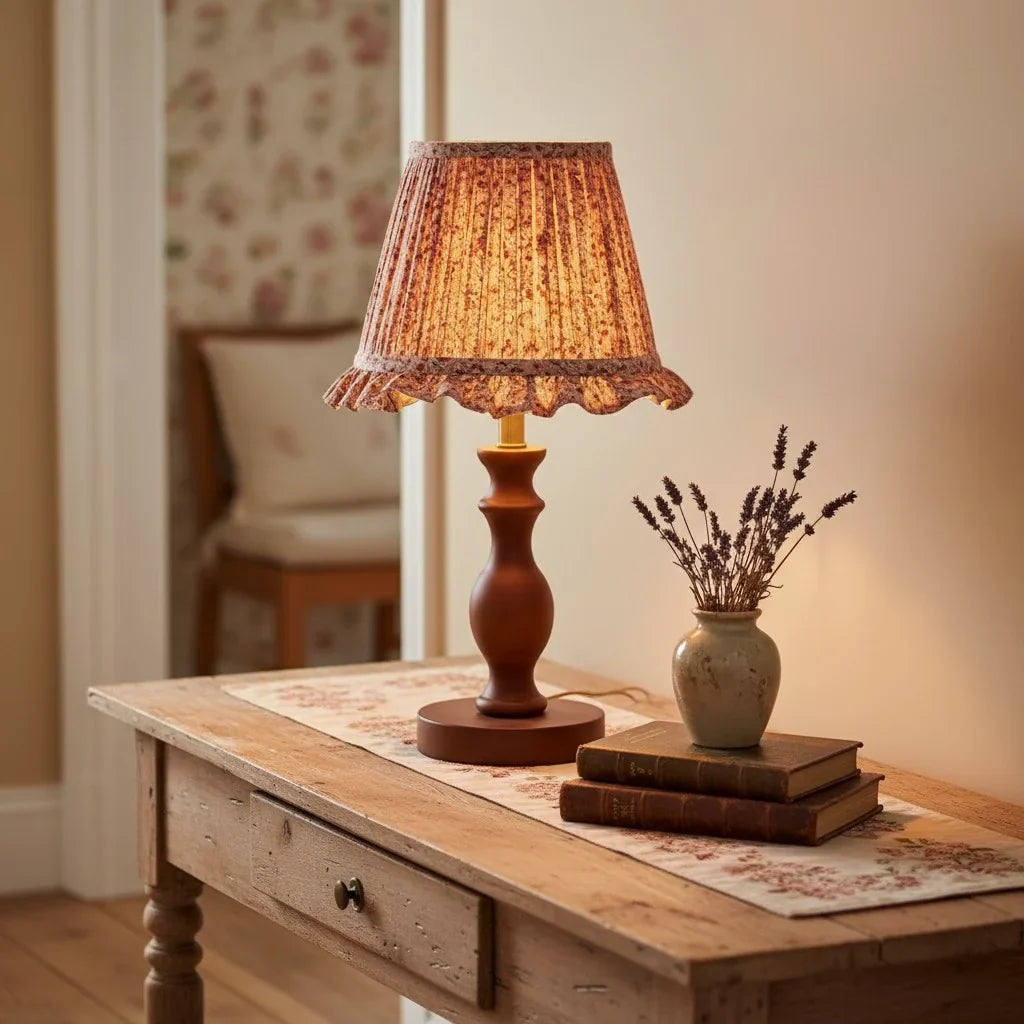 Vintage Pleated Floral Fabric Shade Table Lamp, Spindle Wood Base