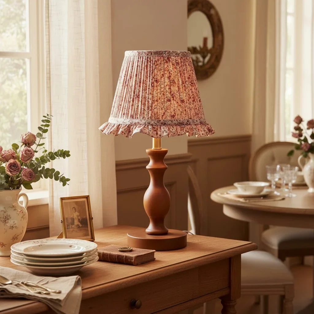 Vintage Pleated Floral Fabric Shade Table Lamp, Spindle Wood Base