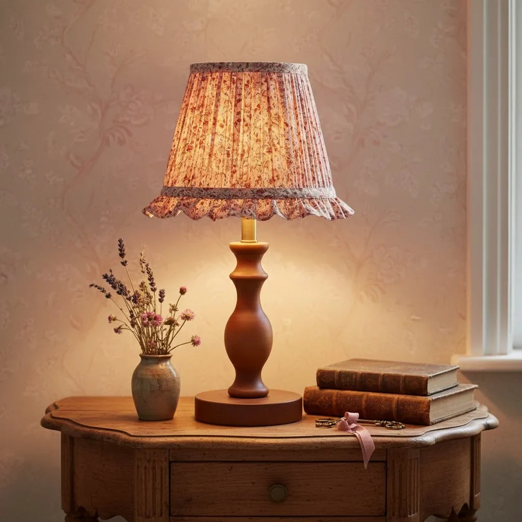 Vintage Pleated Floral Fabric Shade Table Lamp, Spindle Wood Base