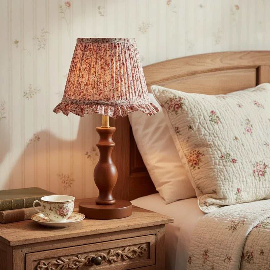 Vintage Pleated Floral Fabric Shade Table Lamp, Spindle Wood Base