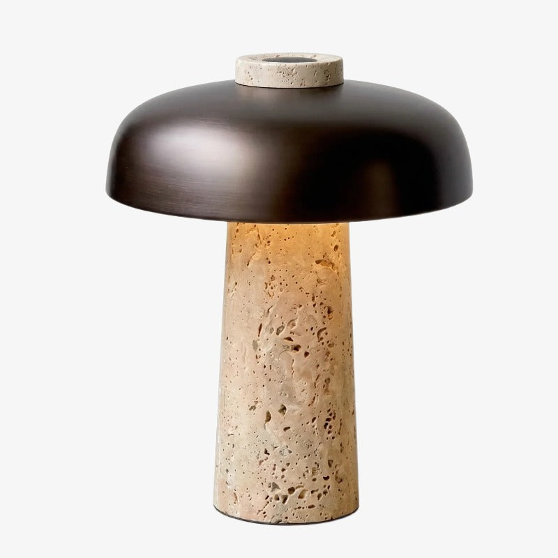 Wabi-Sabi Travertine Mushroom Table Lamp, Yellow Travertine and Metal